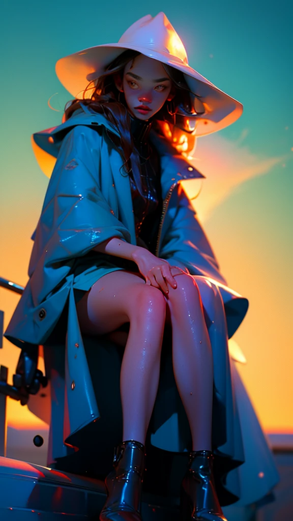 (Masterpiece),(best quality:1.0), (ultra high definition:1.0), details, A young girl., blue sun protection coat, golden hour, Beautiful, detailed skin, (Sitting in the car), ดวงตาที่มีdetails, open legs, sexy, Wet crotch, Embarrassing, natural light,