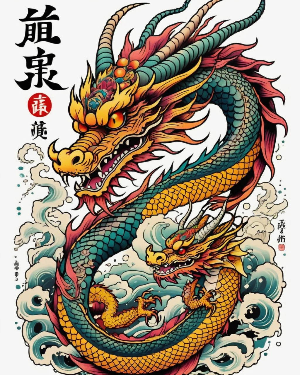 a traditional japanese tattoo design, a dragon in neo japanese style, sticker art, pale skin, highly detailed, intricate, dynamic, flowing, elegant, dramatic, vivid colors, vibrant, striking, bold, majestic, powerful, mystical, spiritual, ornate, textured, (best quality,4k,8k,highres,masterpiece:1.2),ultra-detailed,(realistic,photorealistic,photo-realistic:1.37)