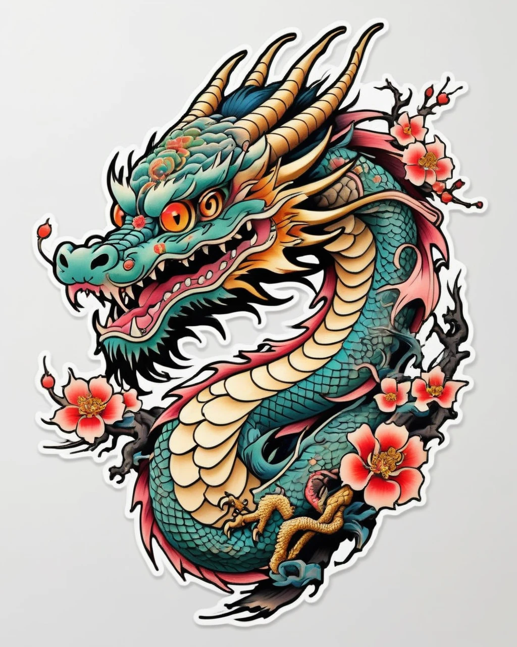 a traditional japanese tattoo design, a dragon in neo japanese style, sticker art, pale skin, highly detailed, intricate, dynamic, flowing, elegant, dramatic, vivid colors, vibrant, striking, bold, majestic, powerful, mystical, spiritual, ornate, textured, (best quality,4k,8k,highres,masterpiece:1.2),ultra-detailed,(realistic,photorealistic,photo-realistic:1.37)