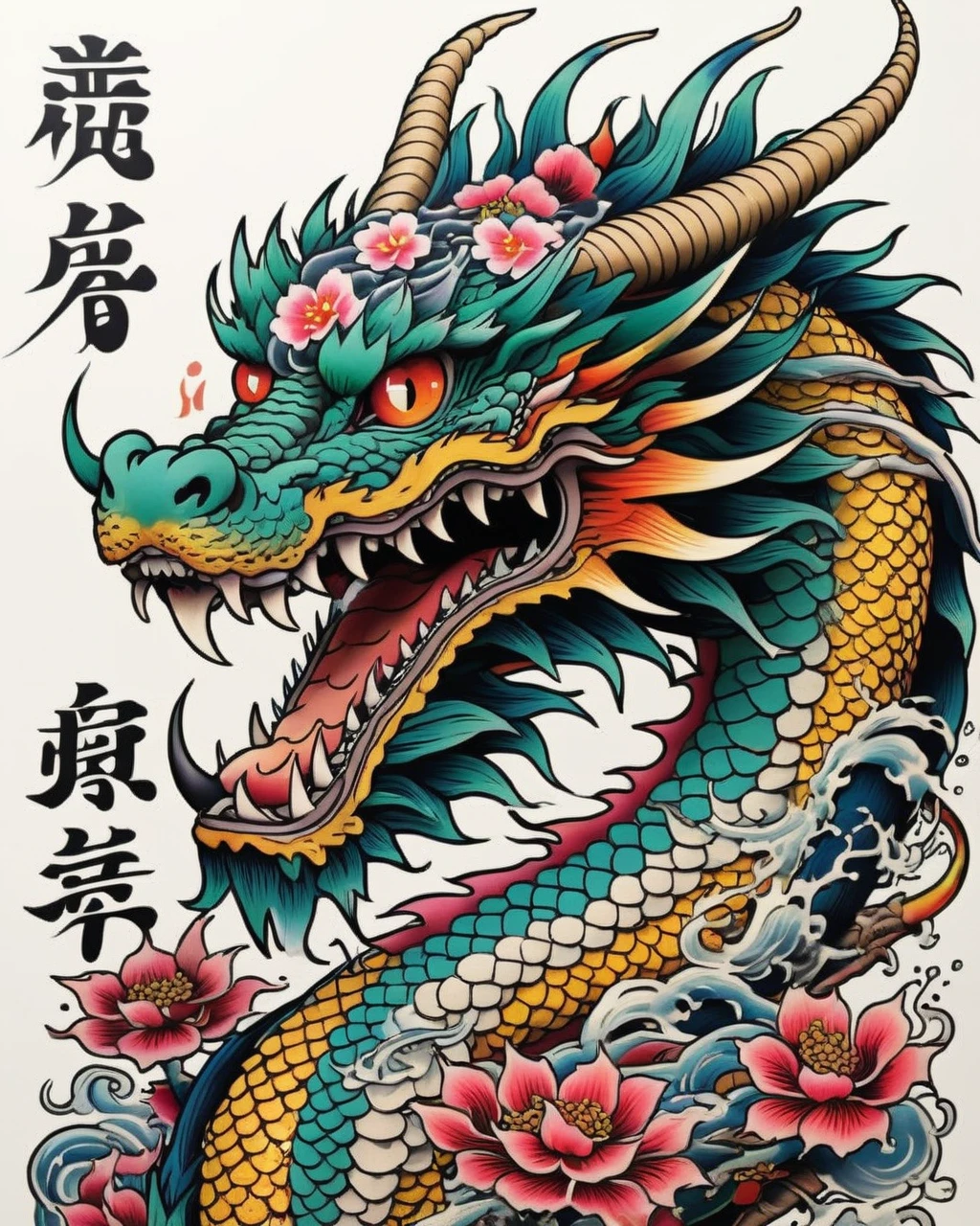 a traditional japanese tattoo design, a dragon in neo japanese style, sticker art, pale skin, highly detailed, intricate, dynamic, flowing, elegant, dramatic, vivid colors, vibrant, striking, bold, majestic, powerful, mystical, spiritual, ornate, textured, (best quality,4k,8k,highres,masterpiece:1.2),ultra-detailed,(realistic,photorealistic,photo-realistic:1.37)