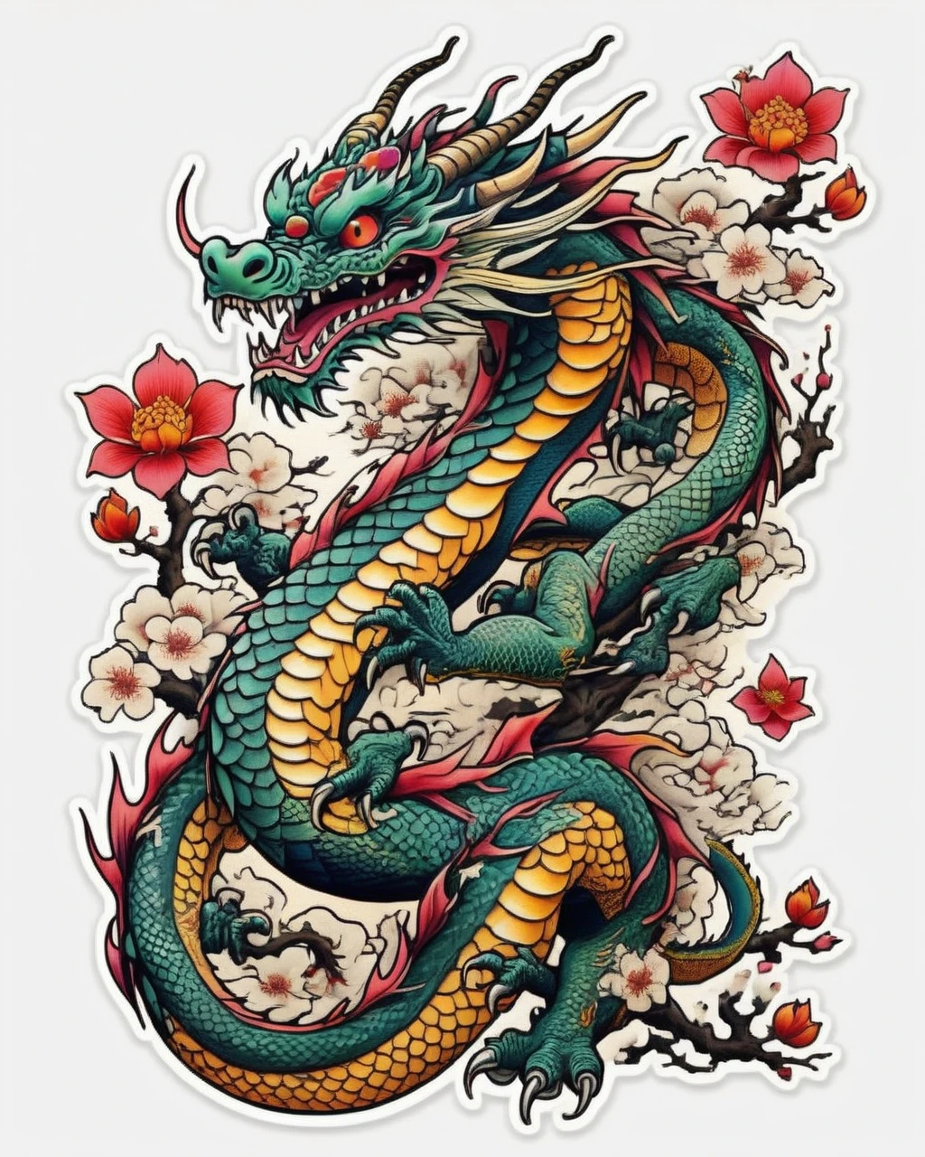 a traditional japanese tattoo design, a dragon in neo japanese style, sticker art, pale skin, highly detailed, intricate, dynamic, flowing, elegant, dramatic, vivid colors, vibrant, striking, bold, majestic, powerful, mystical, spiritual, ornate, textured, (best quality,4k,8k,highres,masterpiece:1.2),ultra-detailed,(realistic,photorealistic,photo-realistic:1.37)