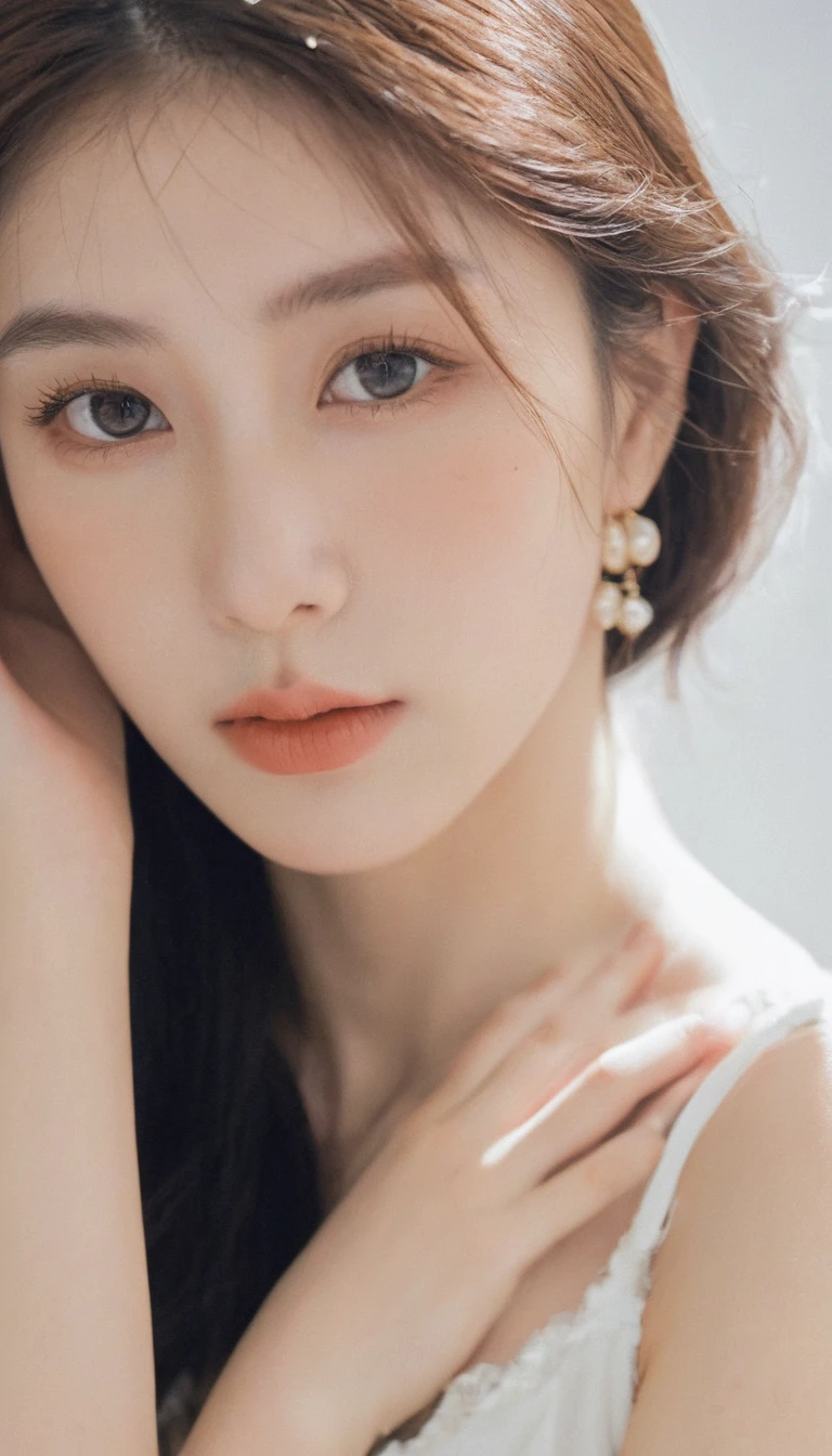 xxmixgirl, Analog Style, Eye focus, Highest quality, (Very detailed skin), Exquisitely beautiful white skin photos, 21 years old, Upper Body、Perfect Face, Captivating eyes, (Seductive makeup: 1.3), Skin pores, (Bokeh:1.5), Sharp focus, Dappled Lighting, (Backlight), Film Grain, (Very detailed, Exquisitely crafted), 8K, High resolution, Front view, Studio Light, Very detailed顔, Fine grain, (double eyelid: 1.4), Aristogle, Brown eyes, (commercial: 1.6), (Seductive makeup), ((White studio background: 2))