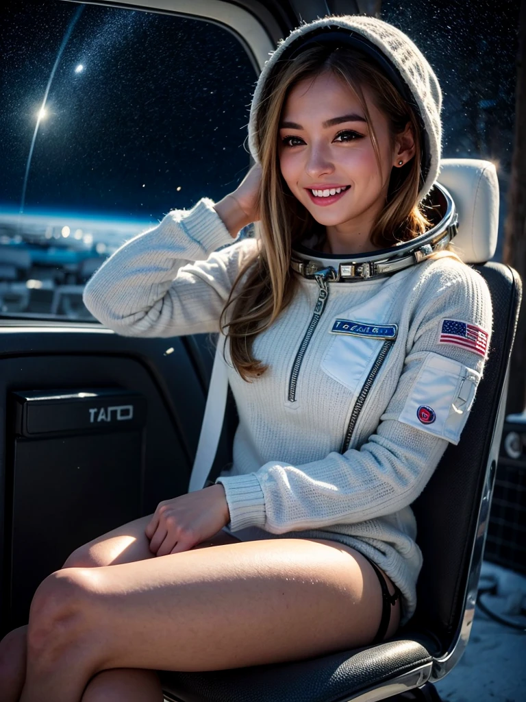 (smile)、(((Staring at the audience)))、((Spaceman in space suit sitting in spaceship cockpit)),wear spacesuits, Dressed in an astronaut costume, Cute girl in a tank top, girl in space, In space, (((Dressed in an astronaut costume))), woman astronaut, ((Sitting on a chair with legs spread))、((Sexy young woman&#39;s body:1.4))、Open and stretch your legs、((Sitting on a chair with legs spread))、