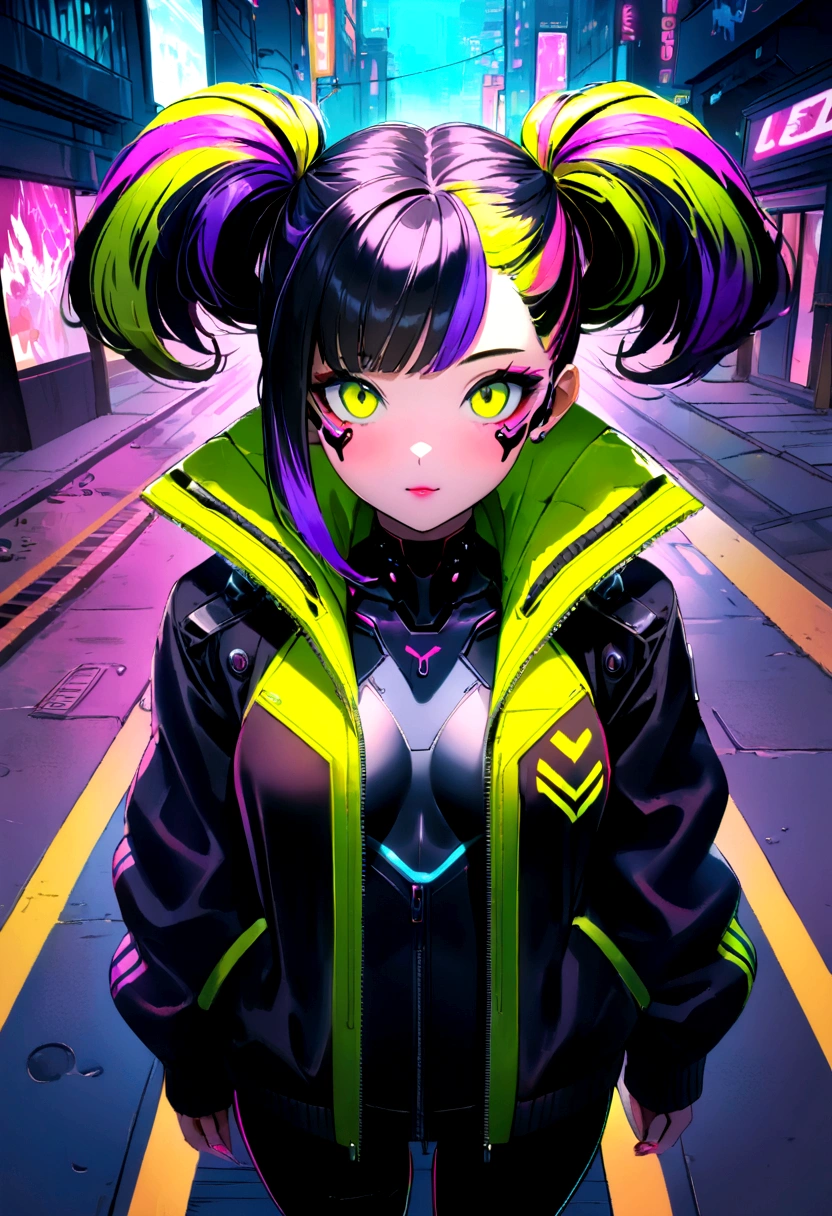 (Two cyberpunk girls posing for a photo shoot), alone, Upper Body, From above, (((Colourful dyed hair styles, Cyberpunk Clothing, Stand in front of the bike, Neon Cyberpunk City Street, (Yellow and black logo Harajuku tech jacket M:1.2)))), Official Art, unity 8k wallpaper, Super detailed, beautiful, masterpiece, Highest quality, Realistic