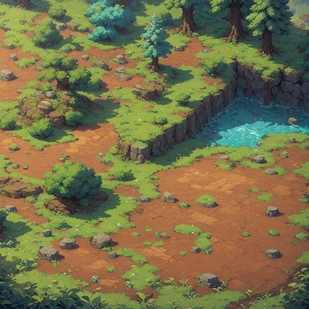 retro video game style,pixelated graphics,vibrant colors,8-bit characters,blocky shapes,sharp lines,detailed shading,classic gaming vibe,nostalgic atmosphere,classic arcade games,masterpiece:1.2,ultra-detailed,illustration style, 2d texture, clay texture, stone texture, 4 k seamless mud texture, video game texture, dirt texture, tileset, game tiles, clay material, flat texture, grass, trees, rock texture, rocky ground, forest, topdown view, game texture, game art, ground very detailed, dirt, floor texture, tileable texture, flowers, bushes, shrubs, intricate ground stone, top down view, 3/4th perspective