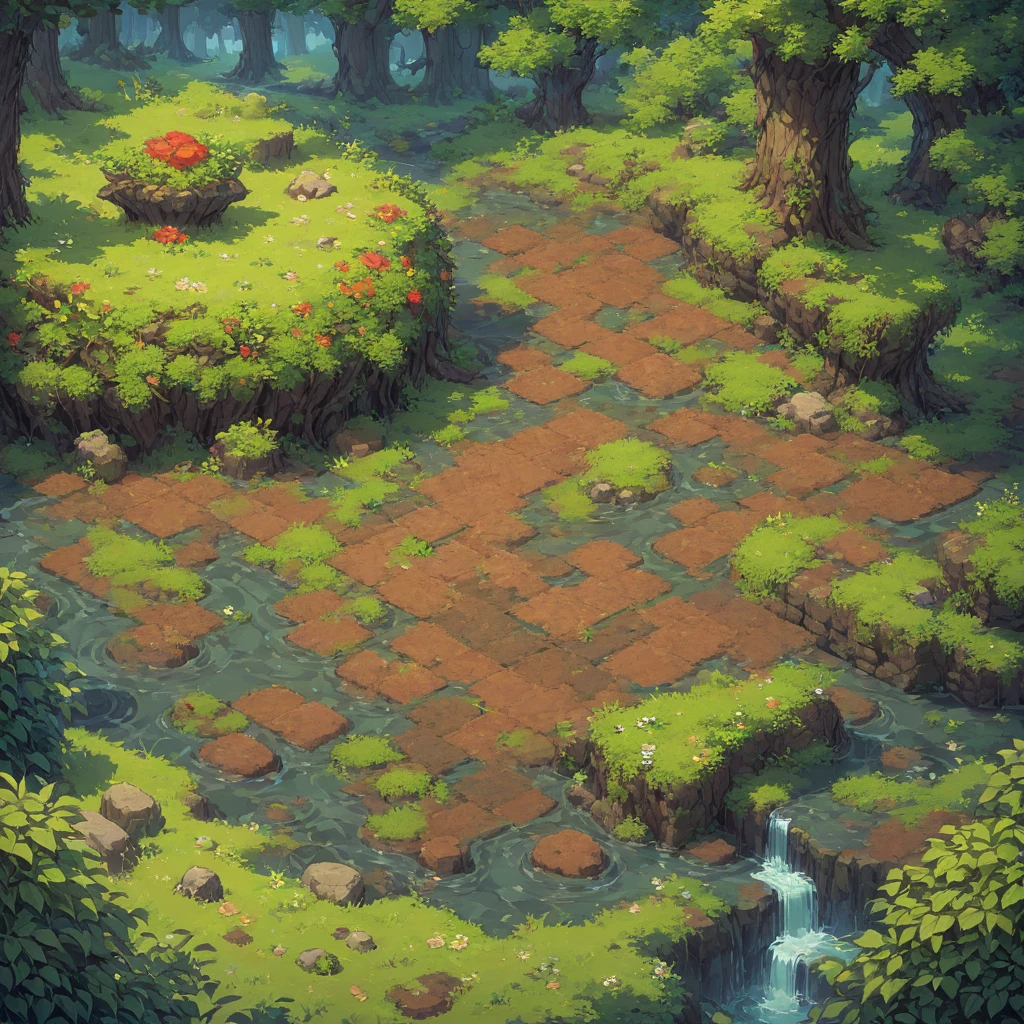 retro video game style,pixelated graphics,vibrant colors,8-bit characters,blocky shapes,sharp lines,detailed shading,classic gaming vibe,nostalgic atmosphere,classic arcade games,masterpiece:1.2,ultra-detailed,illustration style, 2d texture, clay texture, stone texture, 4 k seamless mud texture, video game texture, dirt texture, tileset, game tiles, clay material, flat texture, grass, trees, rock texture, rocky ground, forest, topdown view, game texture, game art, ground very detailed, dirt, floor texture, tileable texture, flowers, bushes, shrubs, intricate ground stone, top down view, 3/4th perspective