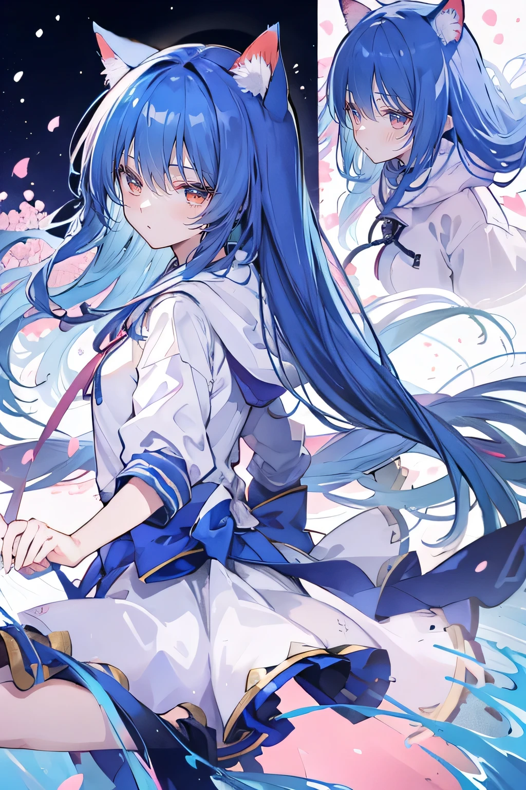 (masterpiece:1.2),Super detailed,lifelike,Expressive eyes,fair skin,perfect face shape,1 girl,
Japanese comics,Gorgeous blue hair,flowing blue hair,flowing clothes,Cat ears,Petals fall,beautiful lola,Baby Angel,
Shaking head with one hand,Cross your legs,Gentle and peaceful background,The pavilion is cool and comfortable,smile, wearing hoodie, background of tokyo,back views,snowing, winter.