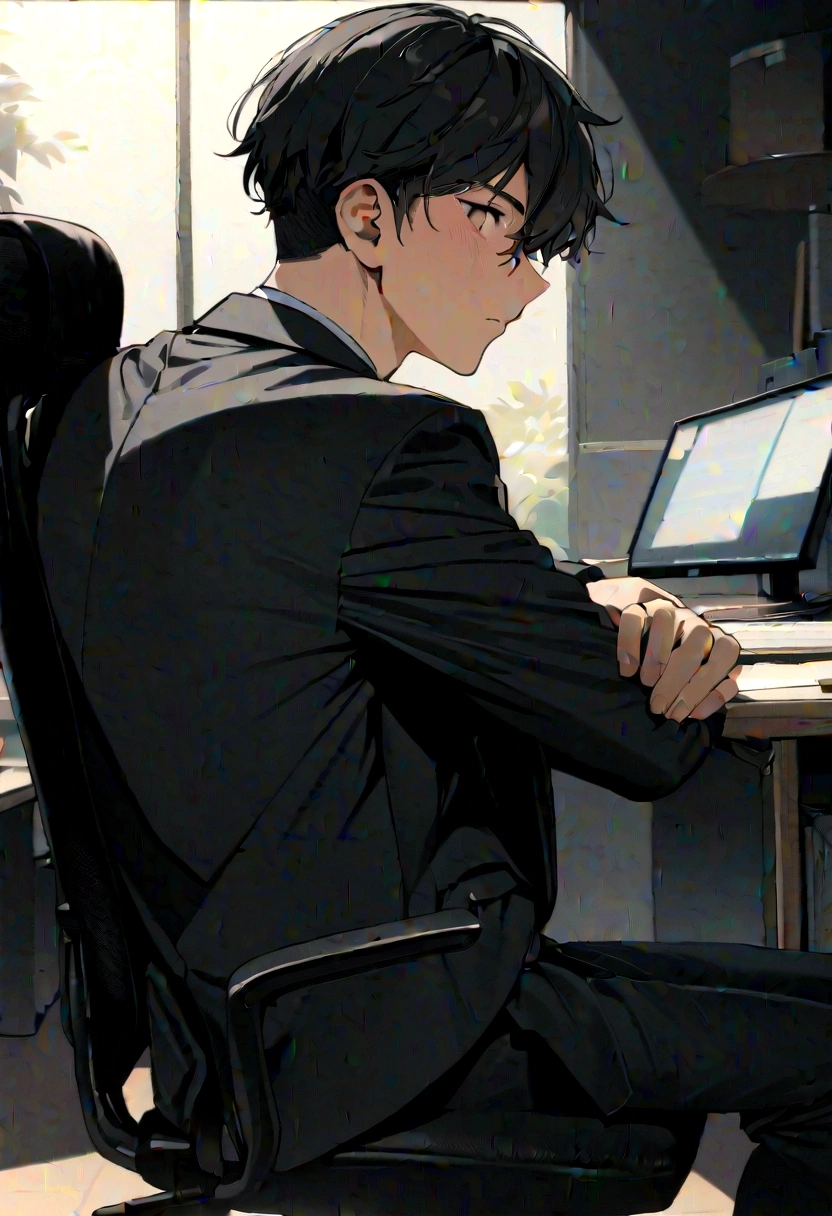 a 17 years old Indian bihari boy, honey skin, short black hair, wearing black suit & pant, sitting on black office chair, image fill, best quality, 1080P, HD, 16k, super detail