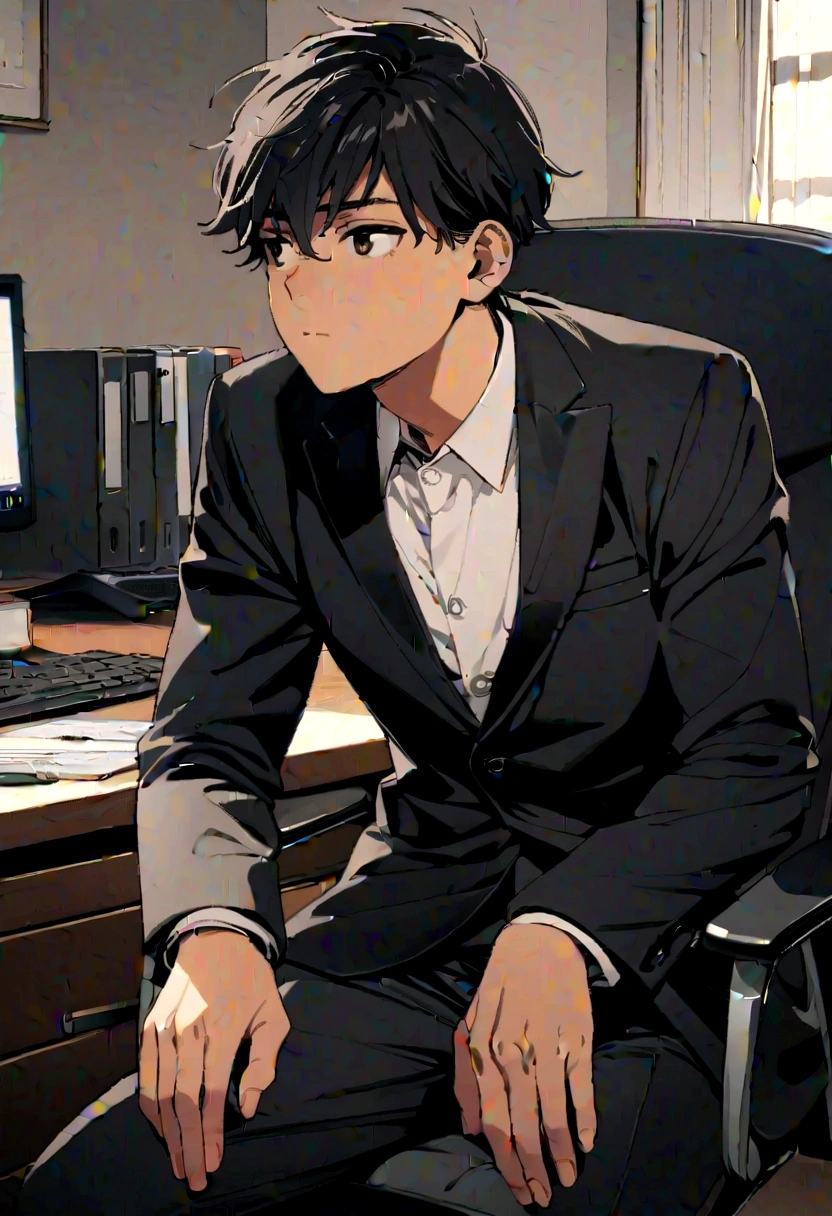 a 17 years old Indian bihari boy, honey skin, short black hair, wearing black suit & pant, sitting on black office chair, image fill, best quality, 1080P, HD, 16k, super detail
