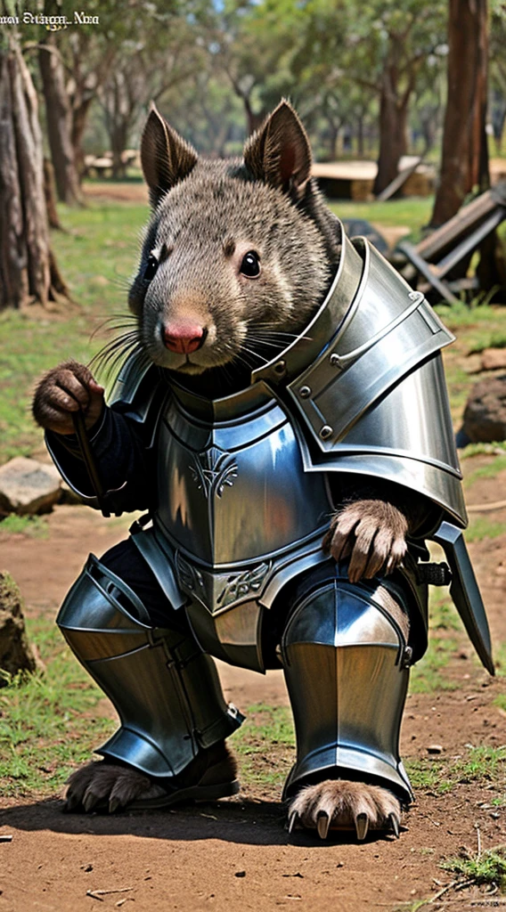 combat wombat cute wombat animal character in a knight armor
