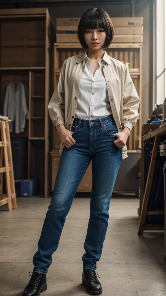 {{masterpiece, best quality, extremely detailed CG, unity 8k wallpaper, cinematic lighting, }}, Sony α7, wide frame, A short haired Japanese girl crossdressing as a man wearing man's jacket, shirt, long jeans, and shoes standing in a workshop with cool pose and fierce expression, body facing straight to the cameracamera, detailed face, detailed clothes, detailed background