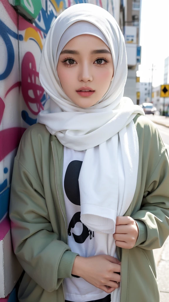,1girl, solo, pretty face, eyelashes, nose, glossy lips, (detailed eyes, looking at viewer, fair skin, white skin: 1.5), smooth skin, wearing hijab, 8k portrait of beauty in hijab, intricate, graceful, highly detailed, majestic, digital photography, hyper realistic, Masterpiece, Best Quality, All parts of the body except the face and hands are covered with clothing, Tudung, ((do not let the hair come out of the hijab)), full hijab, ((all parts of the body covered by clothes except the face)), Best Quality, (graffiti:1.5), paint splatter, army jacket, On wall, paint can, looking at viewer, head slanted, clothing color (Wear a hooded soft green army jacket), cyberpunk city