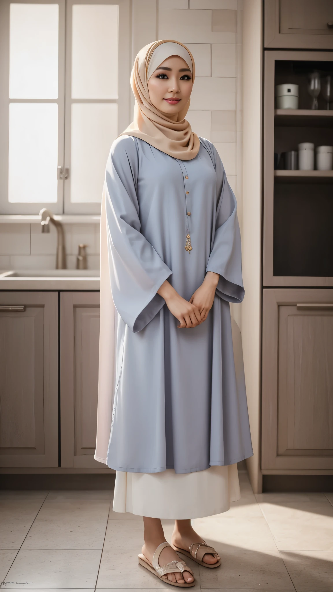 {{masterpiece, best quality, extremely detailed CG, unity 8k wallpaper, cinematic lighting, }}, Sony α7, wide frame, A Korean man crossdressing as a woman wearing perfect loose hijab, no hair seen, pastel abaya dress, and slippers standing in the kitchen with timid pose and shy expression, he is facing to the front, detailed face, detailed clothes, detailed background