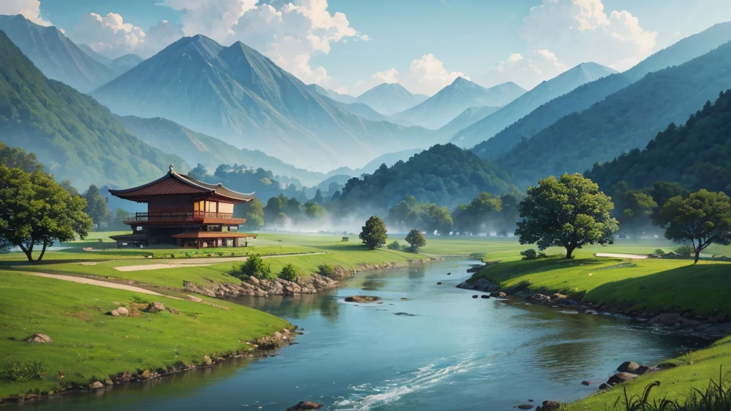 a peaceful landscape, Could be a painting, with a river flowing through a valley, where traditional Asian-style houses are nestled amidst lush green nature. The mist-covered mountains lie in the background, and the birds were flying in the sky. This work of art captures the peaceful beauty of nature and traditional rural life. There are no math or homework problems shown in the image for conversion
