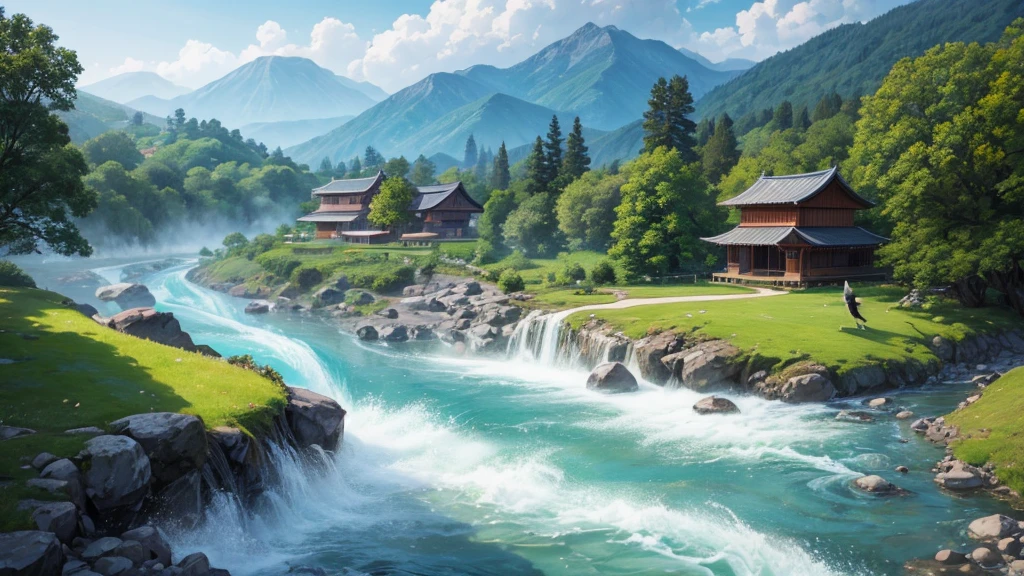 a peaceful landscape, Could be a painting, with a river flowing through a valley, where traditional Asian-style houses are nestled amidst lush green nature. The mist-covered mountains lie in the background, and the birds were flying in the sky. This work of art captures the peaceful beauty of nature and traditional rural life. There are no math or homework problems shown in the image for conversion