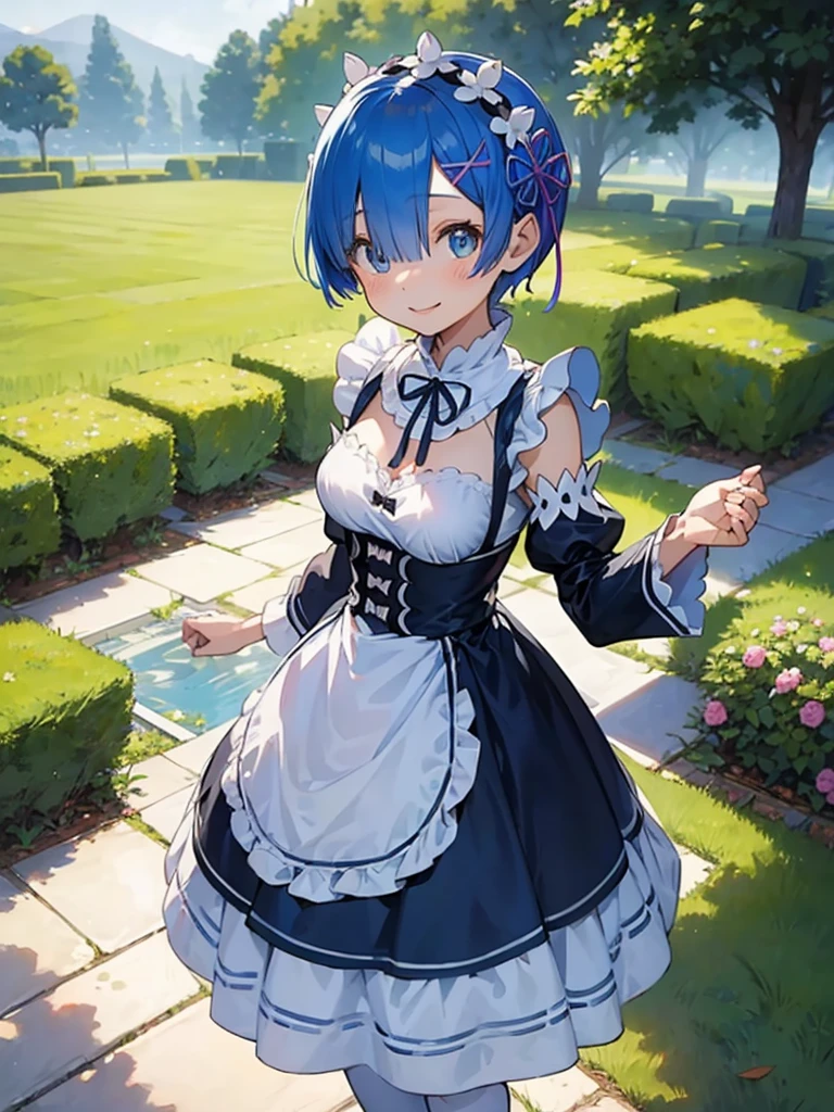 masterpiece, best quality, rem_re_zero, solo, blue hair, 10yo, (petite),
 smile, maid uniform, standing, (open clothes), medium breasts, garden,