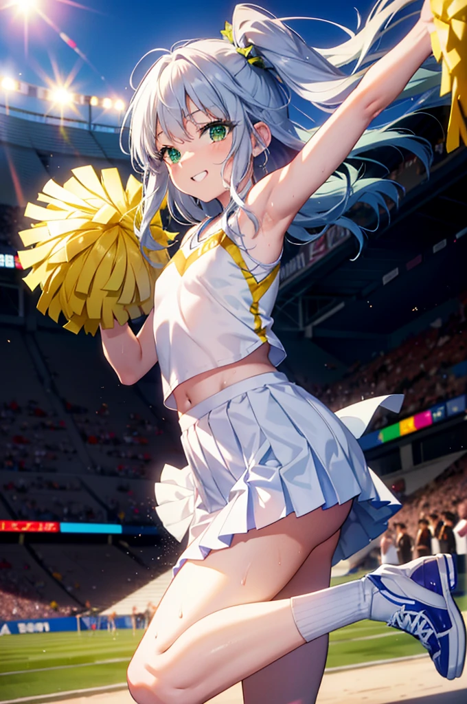 index, index,Silver Hair, (Green Eyes:1.5),Long Hair, (Flat Chest:1.2),Grin,tooth,Daytime,sunny,
,(cheer leading), (whole body), Lower, (Sweaty), Sweaty Wet Clothes, (White clothes),Sleeveless, Pleated skirt,Black socks,sneakers, Belly button support, playground, (Jump), (Jump), 足を曲げてJumpする, air, blue sky, Grass原, smile,Cheerleader, Pom-pom \(cheer leading\)have, Grass, smile, whole bodyがイラストに入るように,
break looking at viewer, whole body,(Cowboy Shot:1. 5) ,
break outdoors, Stadium,crowd, people々々々,A packed audience,
break (masterpiece:1.2), Highest quality, High resolution, unity 8k wallpaper, (shape:0.8), (Beautiful and beautiful eyes:1.6), Highly detailed face, Perfect lighting, Extremely detailed CG, (Perfect hands, Perfect Anatomy),