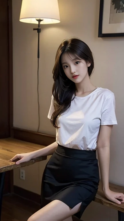 1 Girl,Leaning on the table,Soft Light,Chinese Beauty, Short sleeve,Hip skirt,Dark-haired,Length of hair