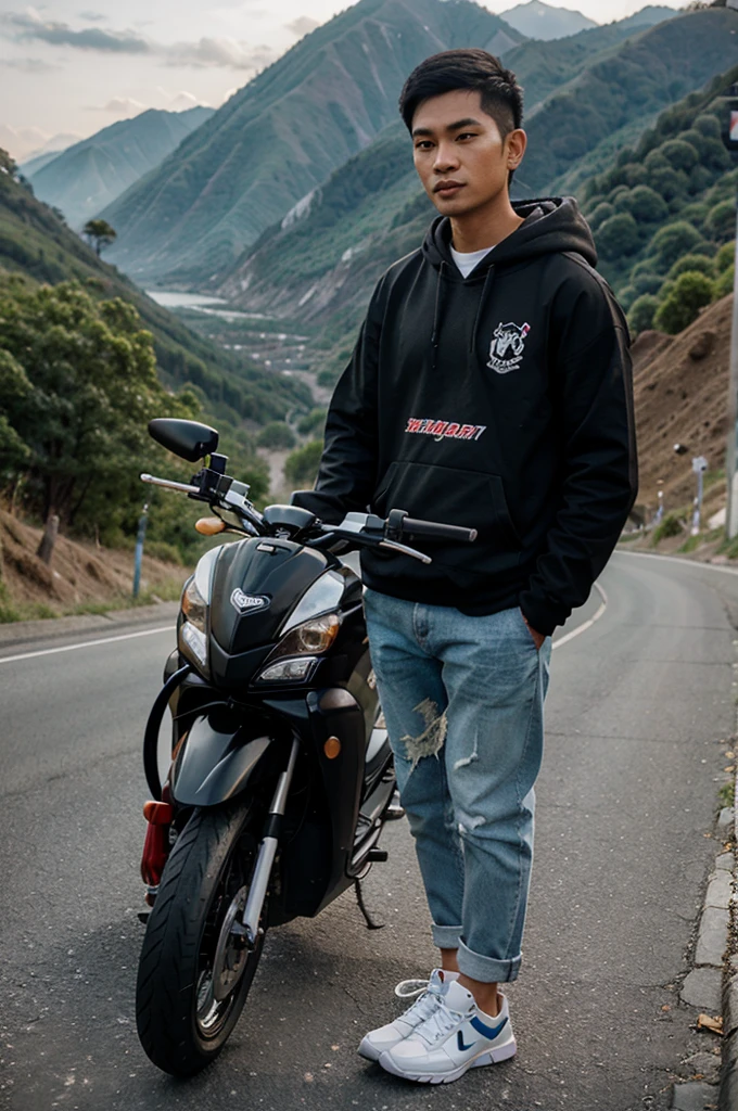 4D caricature of an Indonesian man with short hair wearing a hoodie and cat shoes , riding an automatic scooter in a mountainous area Realistic hiver Indonesian road background High contrast High color 8k detail and focus