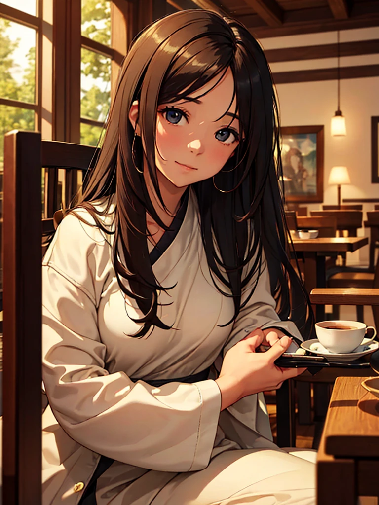 (​masterpiece、top-quality、hight resolution), In a cozy café, the scene is viewed from the perspective of someone having tea with a gentle and wealthy married woman. She has a calm and relaxed demeanor, clearly evident at first glance. She is dressed in simple but high-quality, expensive clothing. The woman looks softly at her companion, exuding warmth and kindness. On the table between them, there are light snacks and drinks. Both are seated in comfortable chairs, creating an intimate and relaxed atmosphere.