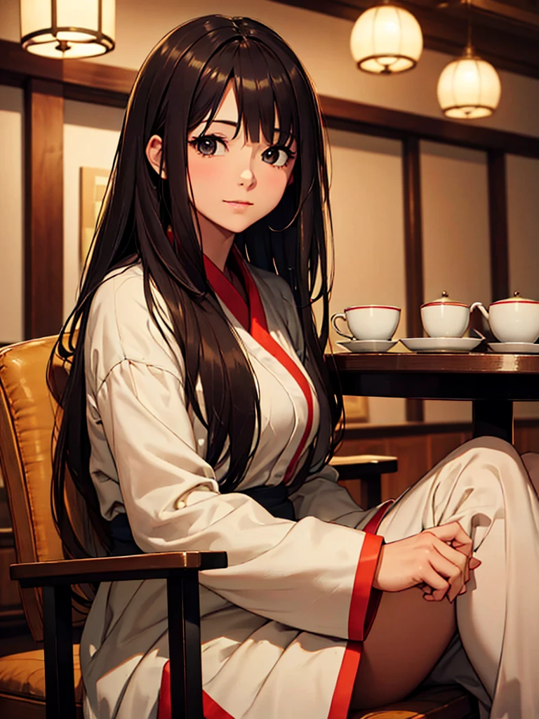 (masterpiece、top-quality、hight resolution), In a cozy café, the scene is viewed from the perspective of someone having tea with a gentle and wealthy married woman. She has a calm and relaxed demeanor, clearly evident at first glance. She is dressed in simple but high-quality, expensive clothing. The woman looks softly at her companion, exuding warmth and kindness. On the table between them, there are light snacks and drinks. Both are seated in comfortable chairs, creating an intimate and relaxed atmosphere.