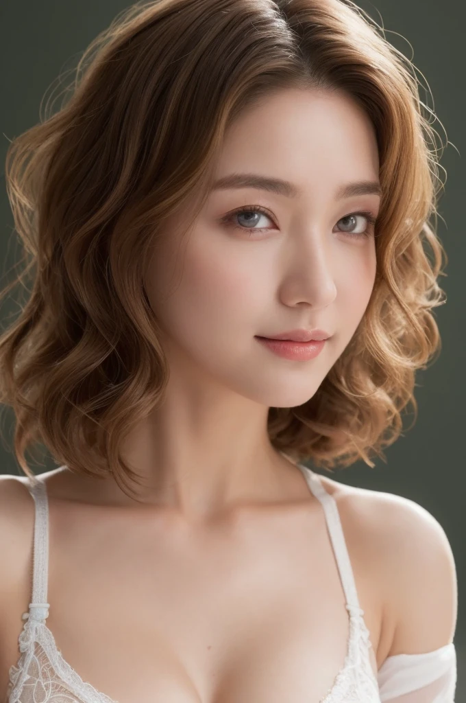 ((The highest image quality, 8K, masterpiece:1.3)), 1girl, a photo of Beautiful woman with slender abs:1.3, (casual wavy hairstyle, Large Breasts:1.2), Low Cut lace Bra，Oversized，Ultra-fine face, A detailed eye, double eyelid，seductive smile，Home，The figure is very bad，tiny small waist，close-up，Close-up chest，White-skinned，The background is casual，cowboy shot