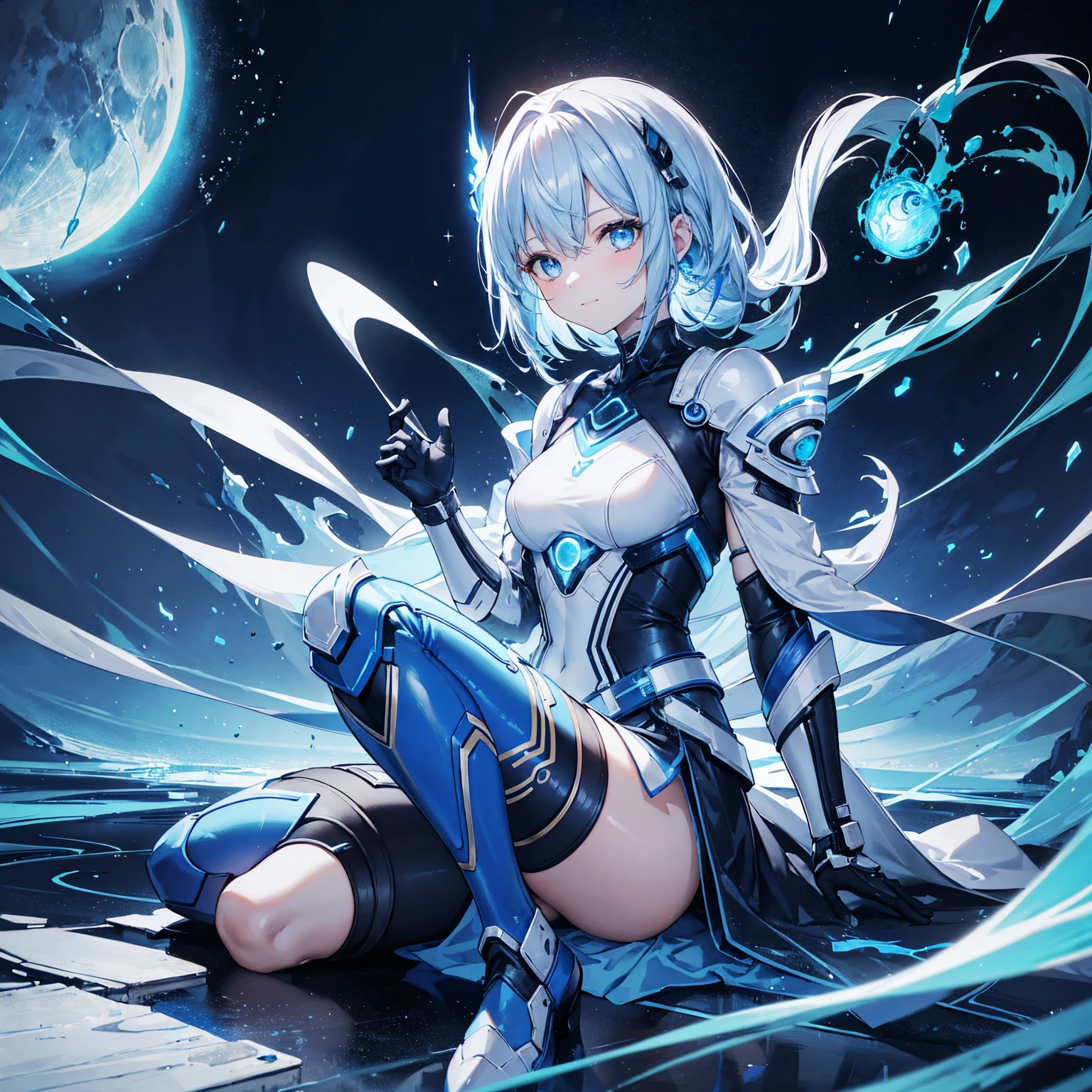 8K, Highest quality, (real:1.4), Original photo, 1 girl, Asari Hair, Biological Amplifier, Very sleek and futuristic armor, posture: Peace talks between warring factions,,attention arousal, smart blue eyes,A modest smile,Knee-high boots,Blue big moon and blue light swirl in the background,Blue light from behind,blue light magic,A small, glowing blue ball in the palm of your hand,Blue flame swirl