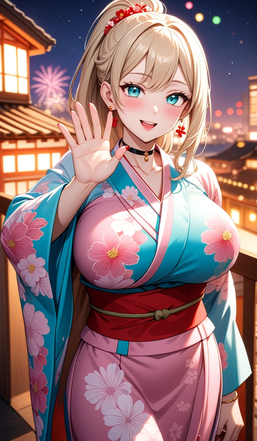 ((One personの女性)), Beautiful Face, Laughing embarrassedly,大きくLaughing with your mouth open,((Bright red cheeks:1.4)), (waving at viewer:2.0)),((Wink:1.9)),Glossy pink lips,night,rooftop,Festive decorations,You can see the ocean, firework,Laughing with your mouth open,Glossy pink lips,Lighting on the face,((Anime style background)),masterpiece, Highest quality, so beautiful,Latest, Complex details, (Pink long nails),(ring),(bracelet),(choker),AI-generated, Complex,High resolution, Highest quality, super high quality,3D Images、3D Images,One person,Long blonde hair,High Ponytail,((Turquoise Eyes)),Anime woman posing for a photo, ((Fine grain、Colorful Eyes、Shining Eyes:1.3)),(Squint your eyes:1.1),a hyperRealistic , hyperRealistic , Realistic,Anime woman with long and white hair, Smooth anime CG art, A woman in a colorful kimono with gold embroidery, (Pink long sleeve kimono),Red floral pattern,Long flower hair ornament,big floral earrings,Mature Body,(Big Breasts:1.1),Tall,Abdominal muscles,Narrow waist,(Zoom in on face:1.6),Shooting from an angle