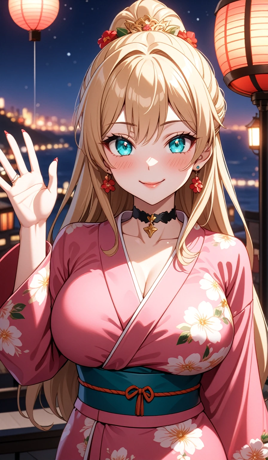 ((One personの女性)), Beautiful Face, Laughing embarrassedly,大きくLaughing with your mouth open,((Bright red cheeks:1.4)), (waving at viewer:2.0)),((Wink:1.9)),Glossy pink lips,night,rooftop,Festive decorations,You can see the ocean, firework,Laughing with your mouth open,Glossy pink lips,Lighting on the face,((Anime style background)),masterpiece, Highest quality, so beautiful,Latest, Complex details, (Pink long nails),(ring),(bracelet),(choker),AI-generated, Complex,High resolution, Highest quality, super high quality,3D Images、3D Images,One person,Long blonde hair,High Ponytail,((Turquoise Eyes)),Anime woman posing for a photo, ((Fine grain、Colorful Eyes、Shining Eyes:1.3)),(Squint your eyes:1.1),a hyperRealistic , hyperRealistic , Realistic,Anime woman with long and white hair, Smooth anime CG art, A woman in a colorful kimono with gold embroidery, (Pink long sleeve kimono),Red floral pattern,Long flower hair ornament,big floral earrings,Mature Body,(Big Breasts:1.1),Tall,Abdominal muscles,Narrow waist,(Zoom in on face:1.6),Shooting from an angle