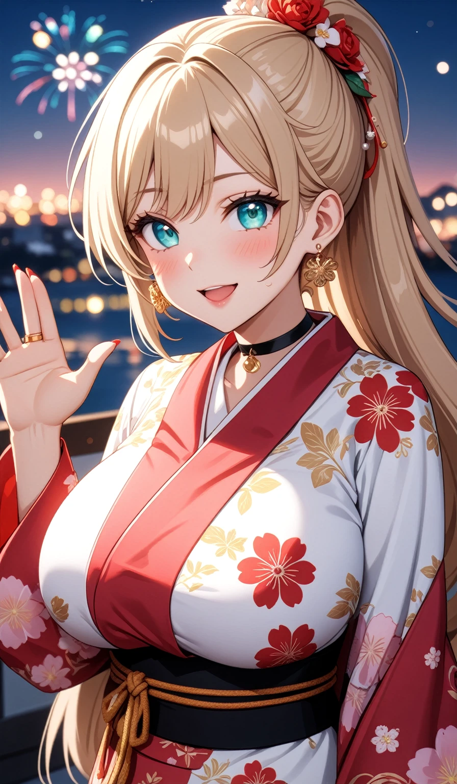 ((One personの女性)), Beautiful Face, Laughing embarrassedly,大きくLaughing with your mouth open,((Bright red cheeks:1.4)), (waving at viewer:2.0)),((Wink:1.9)),Glossy pink lips,night,rooftop,Festive decorations,You can see the ocean, firework,Laughing with your mouth open,Glossy pink lips,Lighting on the face,((Anime style background)),masterpiece, Highest quality, so beautiful,Latest, Complex details, (Pink long nails),(ring),(bracelet),(choker),AI-generated, Complex,High resolution, Highest quality, super high quality,3D Images、3D Images,One person,Long blonde hair,High Ponytail,((Turquoise Eyes)),Anime woman posing for a photo, ((Fine grain、Colorful Eyes、Shining Eyes:1.3)),(Squint your eyes:1.1),a hyperRealistic , hyperRealistic , Realistic,Anime woman with long and white hair, Smooth anime CG art, A woman in a colorful kimono with gold embroidery, (Pink long sleeve kimono),Red floral pattern,Long flower hair ornament,big floral earrings,Mature Body,(Big Breasts:1.1),Tall,Abdominal muscles,Narrow waist,(Zoom in on face:1.6),Shooting from an angle