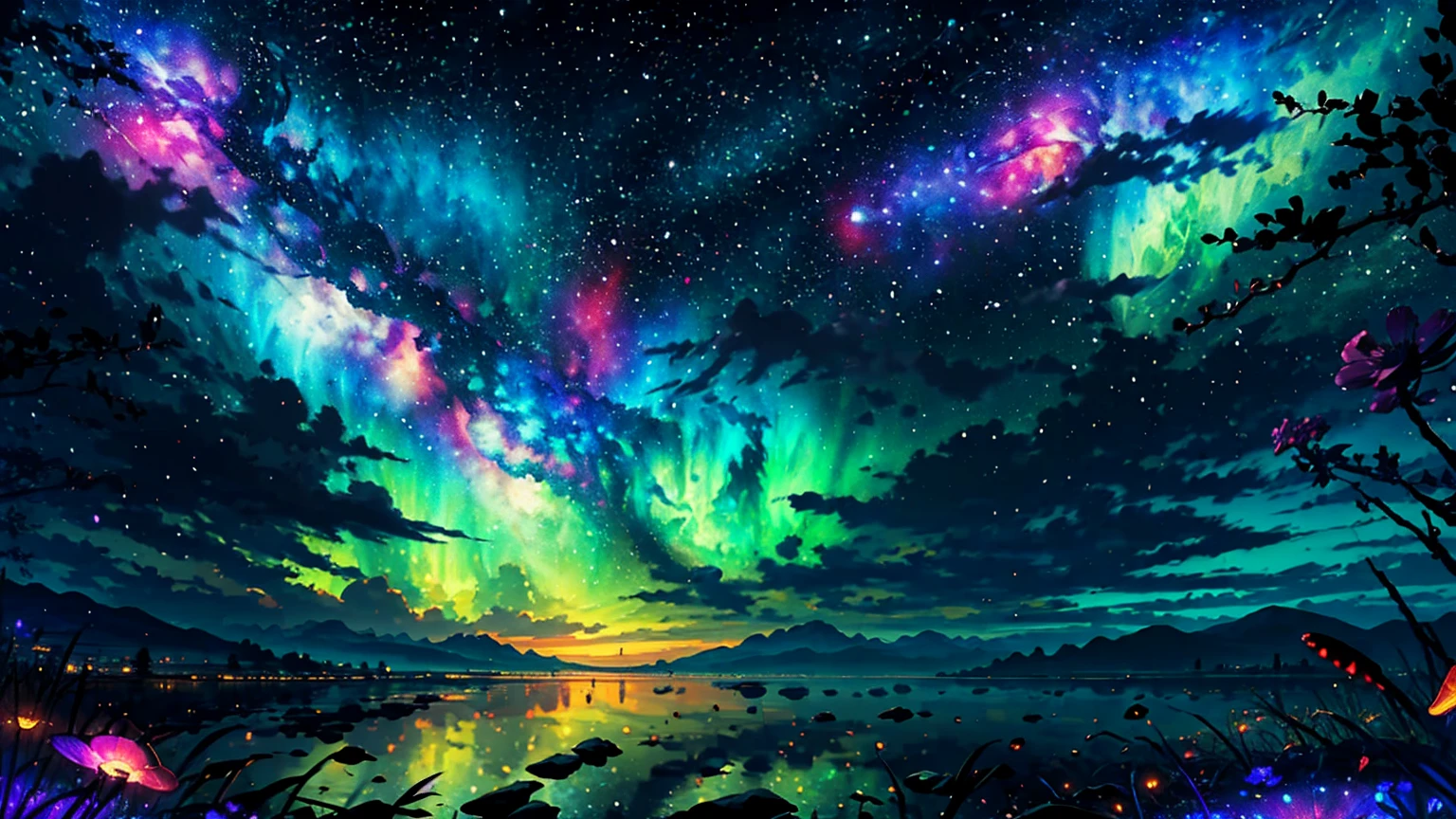 Wide Landscape Photos, (Looking from the bottom up, The sky is above, There is open space below), (Full Moon: 1.2), (meteor: 0.9), (nebula: 1.3), Distant Mountains , The tree,Handmade art, (暖lamp: 1.2), (firefly: 1.2), lamp, Lots of purple and orange, Intricate details, Volumetric lighting BREAK (masterpiece: 1.2), (best quality), 4K, Extremely detailed, (Dynamic Combination: 1.4), Rich in details,rich and colorful, (Rainbow Colors: 1.2), (glow, Ambient Lighting), Like a dream, magic, (solitary: 1.2)