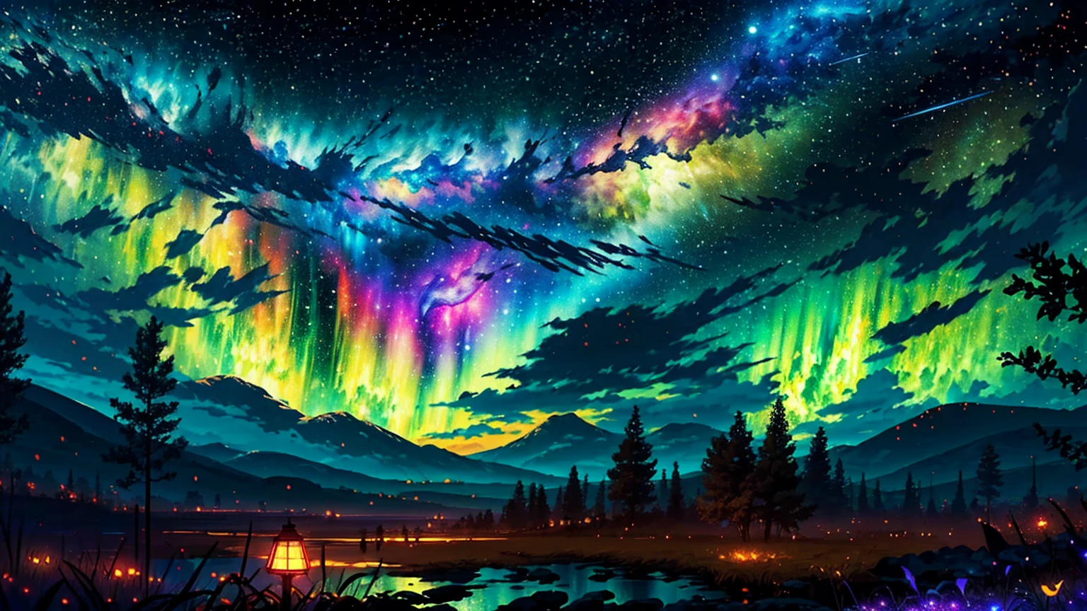 Wide Landscape Photos, (Looking from the bottom up, The sky is above, There is open space below),  (Full Moon: 1.2), (meteor: 0.9), (nebula: 1.3), Distant Mountains , The tree,Handmade art, (暖lamp: 1.2), (firefly: 1.2), lamp, Lots of purple and orange, Intricate details, Volumetric lighting BREAK (masterpiece: 1.2), (best quality), 4K, Extremely detailed, (Dynamic Combination: 1.4), Rich in details，rich and colorful, (Rainbow Colors: 1.2), (glow, Ambient Lighting), Like a dream, magic, (solitary: 1.2)