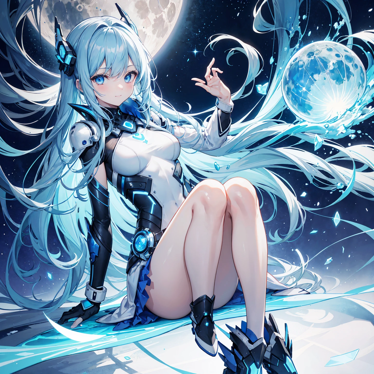 8K, Highest quality, (real:1.4), Original photo, 1 girl, Asari Hair, Biological Amplifier, Very sleek and futuristic armor, posture: Peace talks between warring factions,,attention arousal, smart blue eyes,A modest smile,Knee-high boots,Blue big moon and blue light swirl in the background,Blue light from behind,blue light magic,A small, glowing blue ball in the palm of your hand,Blue flame swirl