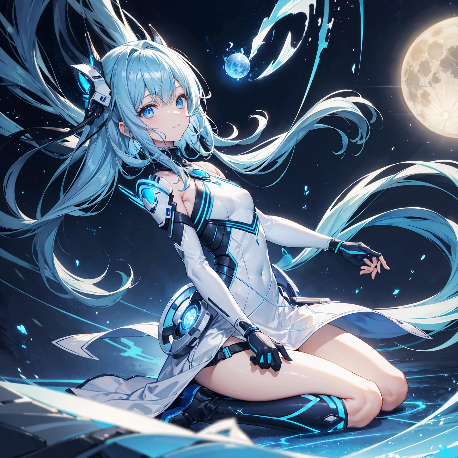 8K, Highest quality, (real:1.4), Original photo, 1 girl, Asari Hair, Biological Amplifier, Very sleek and futuristic armor, posture: Peace talks between warring factions,,attention arousal, smart blue eyes,A modest smile,Knee-high boots,Blue big moon and blue light swirl in the background,Blue light from behind,blue light magic,A small, glowing blue ball in the palm of your hand,Blue flame swirl
