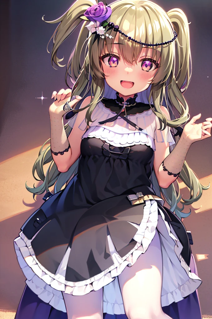 Himari Mei, masterpiece, loli, cute, flat chest, cute and shy smile, highly detailed sparkling brilliant purple eyes, open mouth slightly, standing in summer beach, aquamarine sea, sandy beach, black dress, perfect body, detailed hands, reaching