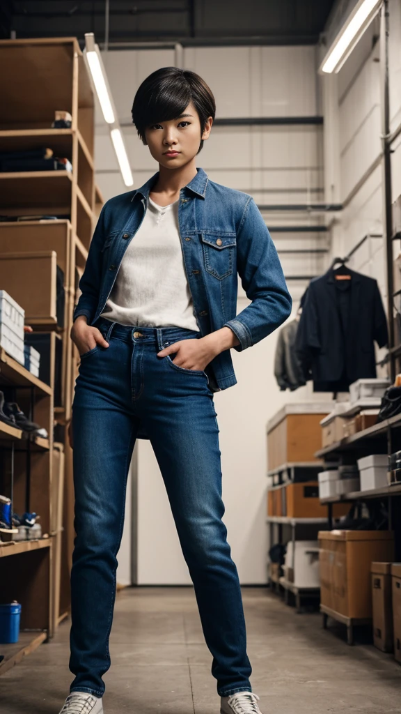 {{masterpiece, best quality, extremely detailed CG, unity 8k wallpaper, cinematic lighting, }}, Sony α7, wide frame, A short haired Japanese girl crossdressing as a man wearing man's jacket, shirt, long jeans, and shoes standing in a workshop with cool pose and fierce expression, body facing straight to the cameracamera, detailed face, detailed clothes, detailed background