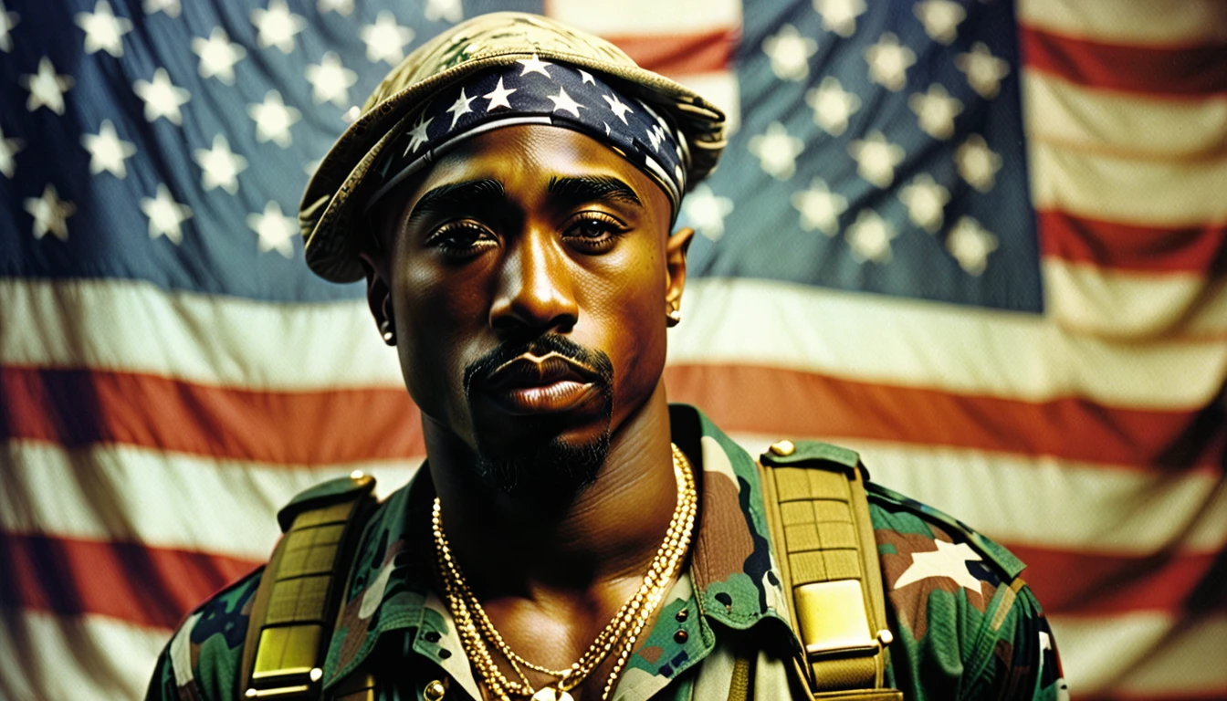1970s photo of "2Pac" dressed like a "United States Marine", atmospheric perspective, textured skin, cinematic action, super detail,