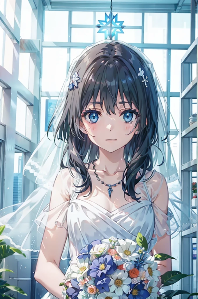 Okay, Saten Ruiko, Black Hair, blue eyes, Long Hair, hair ornaments, Floral decoration,Grin,smile,Veil,blush,Wedding dress,Off the shoulder,necklace,Wedding Skirts,Traveling with a large bouquet,Flower storm,Stained glass,
break indoor, Chapel,
break looking at viewer, Upper Body,whole body,(Cowboy Shot:1. 5) ,
break (masterpiece:1.2), Highest quality, High resolution, unity 8k wallpaper, (figure:0.8), (Beautiful attention to detail:1.6), Highly detailed face, Perfect lighting, Highly detailed CG, (Perfect hands, Perfect Anatomy),