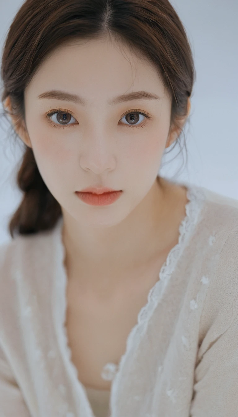 xxmixgirl, Analog Style, Eye focus, Highest quality, (Very detailed skin), Exquisitely beautiful white skin photos, 21 years old, Upper Body、Perfect Face, Captivating eyes, (Seductive makeup: 1.3), Skin pores, (Bokeh:1.5), Sharp focus, Dappled Lighting, (Backlight), Film Grain, (Very detailed, Exquisitely crafted), 8K, High resolution, Front view, Studio Light, Very detailed顔, Fine grain, (double eyelid: 1.4), Aristogle, Brown eyes, (commercial: 1.6), (Seductive makeup), ((White studio background: 2))