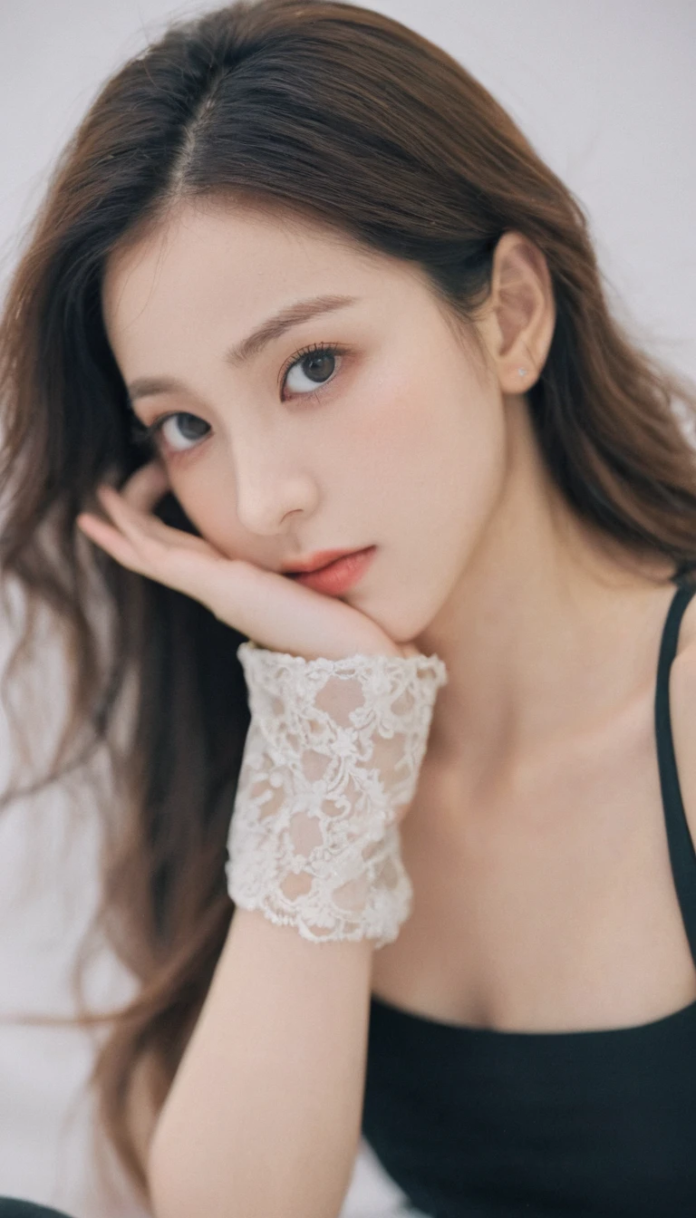 xxmixgirl, Analog Style, Eye focus, Highest quality, (Very detailed skin), Exquisitely beautiful white skin photos, 21 years old, Upper Body、Perfect Face, Captivating eyes, (Seductive makeup: 1.3), Skin pores, (Bokeh:1.5), Sharp focus, Dappled Lighting, (Backlight), Film Grain, (Very detailed, Exquisitely crafted), 8K, High resolution, Front view, Studio Light, Very detailed顔, Fine grain, (double eyelid: 1.4), Aristogle, Brown eyes, (commercial: 1.6), (Seductive makeup), ((White studio background: 2))