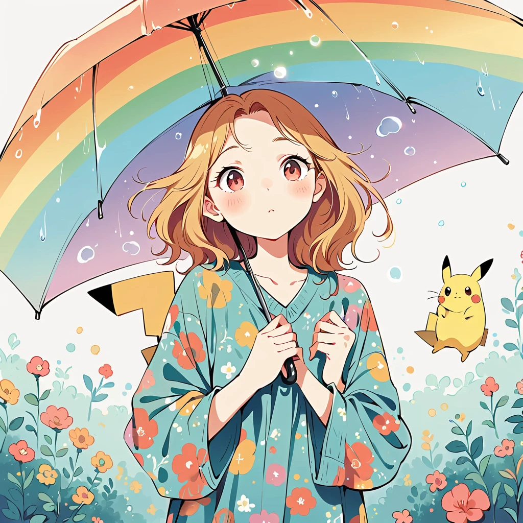 ((anime:1.4,illustration)),(masterpiece, top quality, best quality),(ultra-detailed, absolutely resolution),((16k, high res)), (((Pikachu holding an umbrella in the rain, a rainbow is out, the sky is half sunny and half rainy)) ((cozy lofi illustration:1.4)), ((anime:1.4, illustration)),(masterpiece, top quality, best quality),(ultra-detailed, absolutely resolution),((16k, high res))
