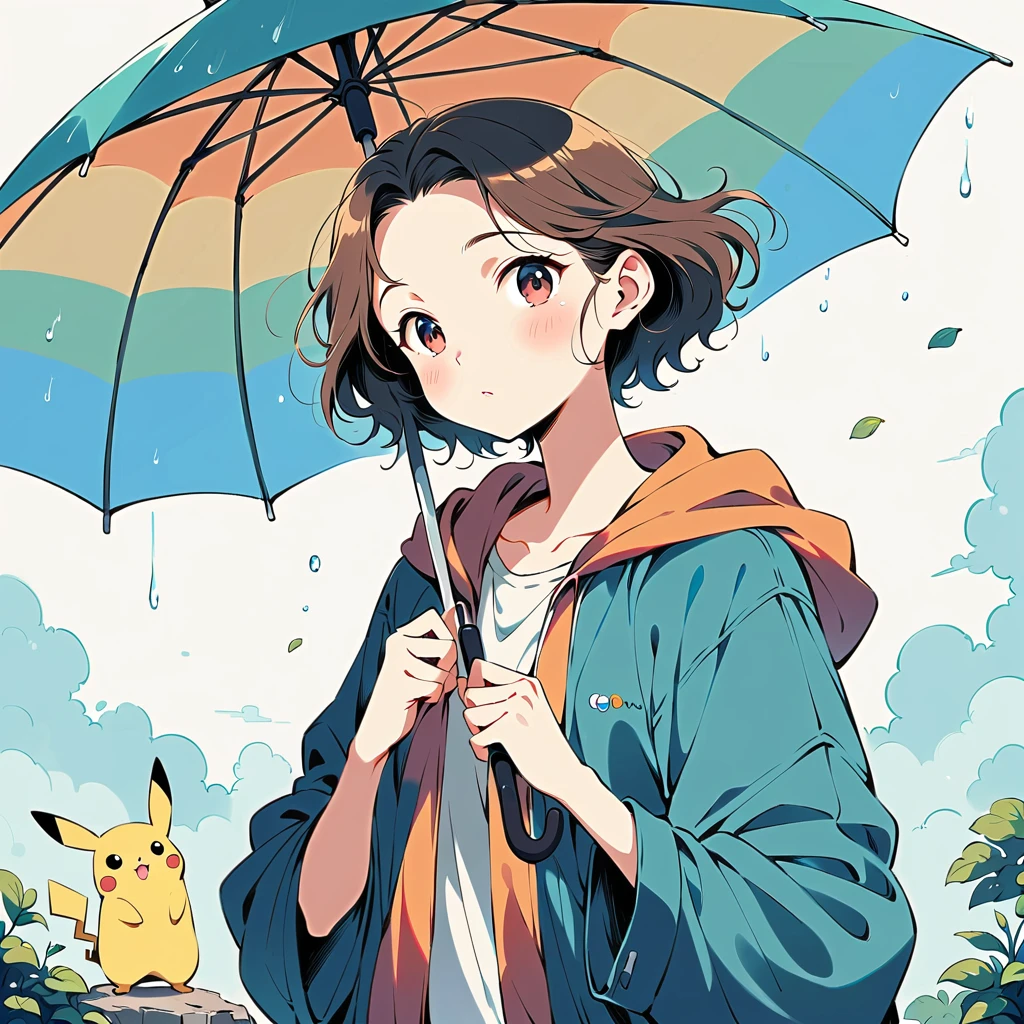 ((anime:1.4,illustration)),(masterpiece, top quality, best quality),(ultra-detailed, absolutely resolution),((16k, high res)), (((Pikachu holding an umbrella in the rain, a rainbow is out, the sky is half sunny and half rainy)) ((cozy lofi illustration:1.4)), ((anime:1.4, illustration)),(masterpiece, top quality, best quality),(ultra-detailed, absolutely resolution),((16k, high res))
