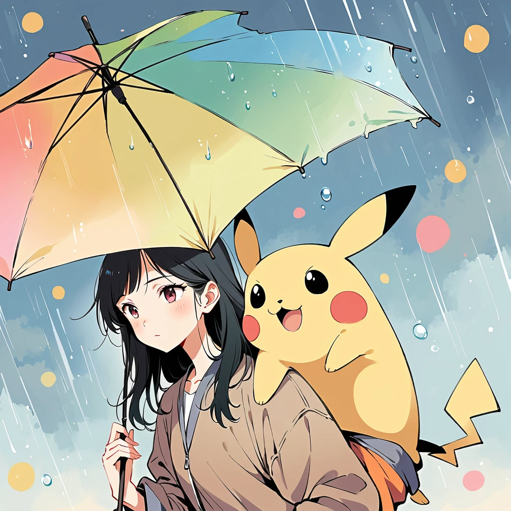 ((anime:1.4,illustration)),(masterpiece, top quality, best quality),(ultra-detailed, absolutely resolution),((16k, high res)), (((Pikachu holding an umbrella in the rain, a rainbow is out, the sky is half sunny and half rainy)) ((cozy lofi illustration:1.4)), ((anime:1.4, illustration)),(masterpiece, top quality, best quality),(ultra-detailed, absolutely resolution),((16k, high res))