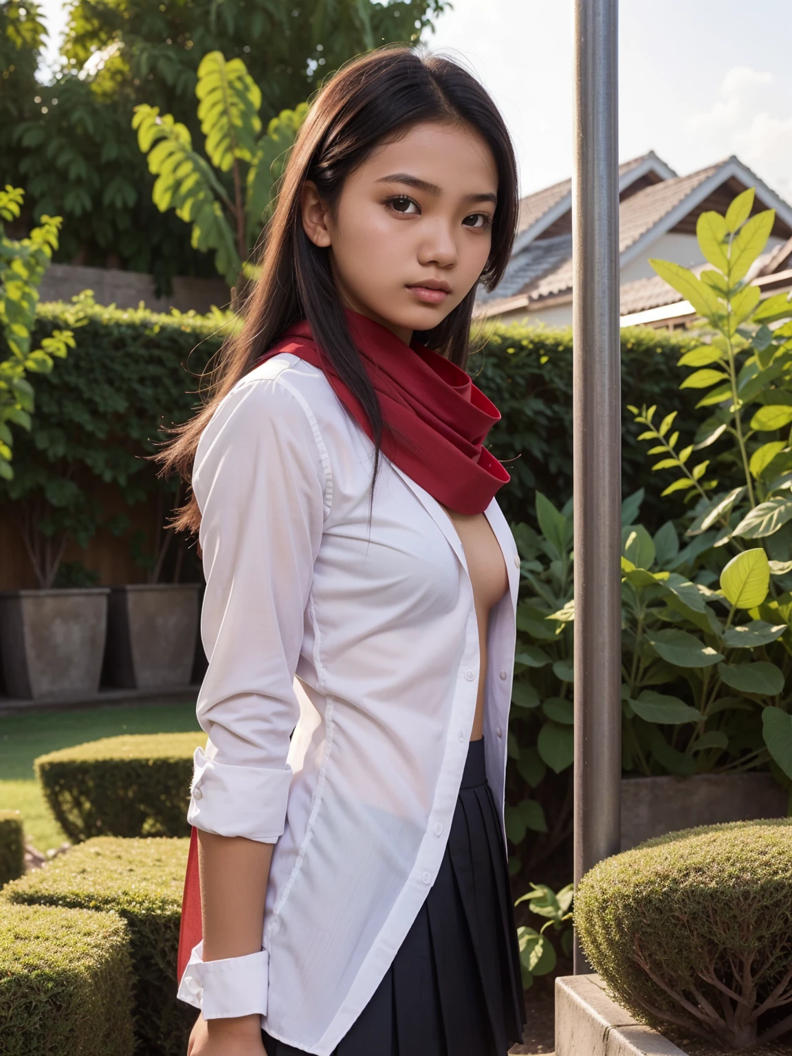 Upper body of a beautiful girl, 18 years old, Indonesian, provocative, white button-up shirt, red scarf, black suit and black pleated skirt, in the garden.