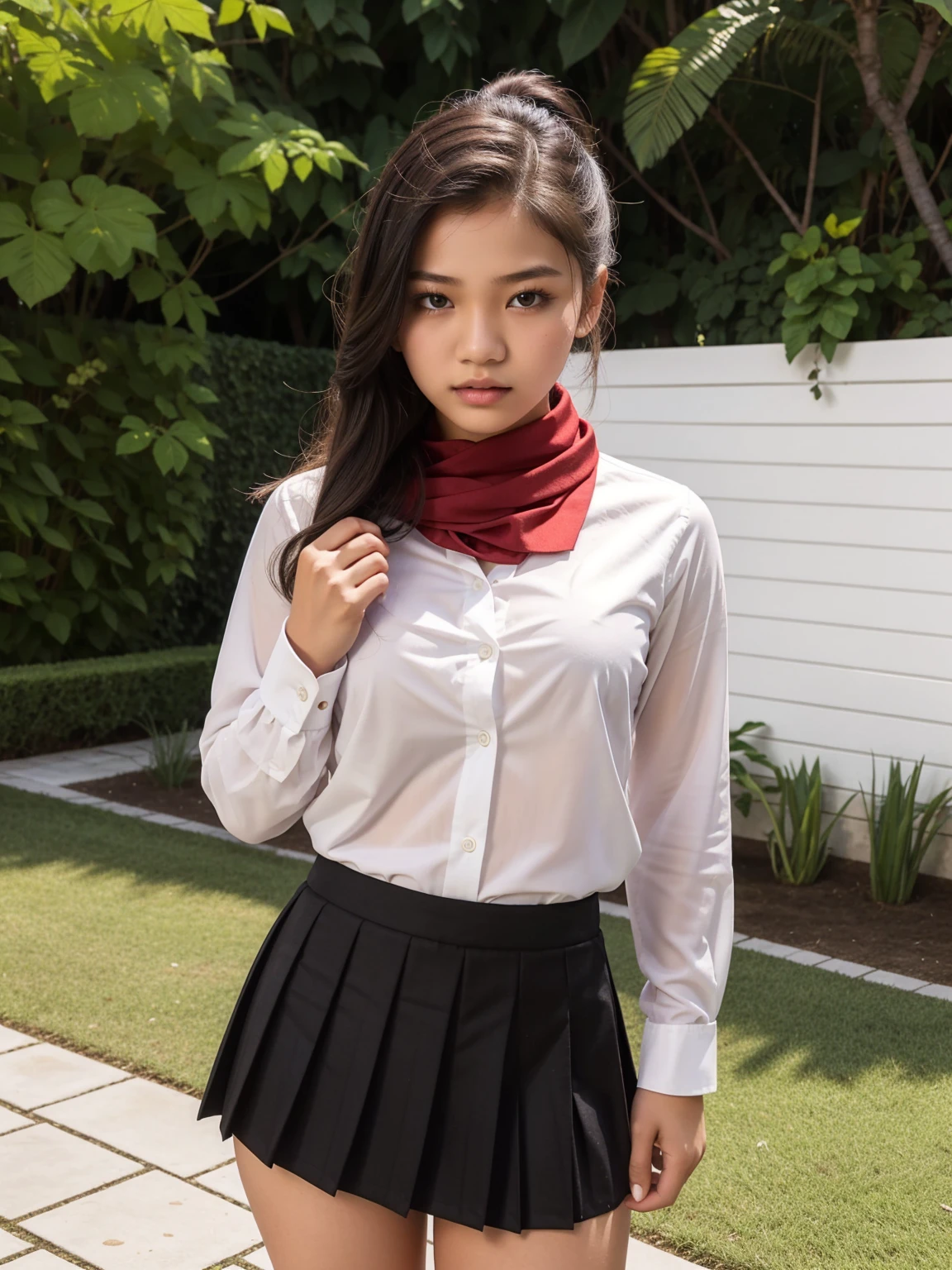 Upper body of a beautiful girl, 18 years old, Indonesian, provocative, white button-up shirt, red scarf, black suit and black pleated skirt, in the garden.