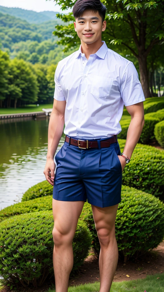 (Create a masterpiece: 1.2),(CGI art:1.3),(realistic:1.5),(After processing:1.3),(Sharp focus:1.3),10,1 man, smile, (Wear a white school shirt.), (Dark blue shorts:1.2),brown belt, Korean guy , korean men, (High gloss details), chest muscles, large arm muscles, blood vessel, Big muscles, Broad shoulders, looking at the audience, Balancing the eyes, forest, mountain, (Make eye contact)