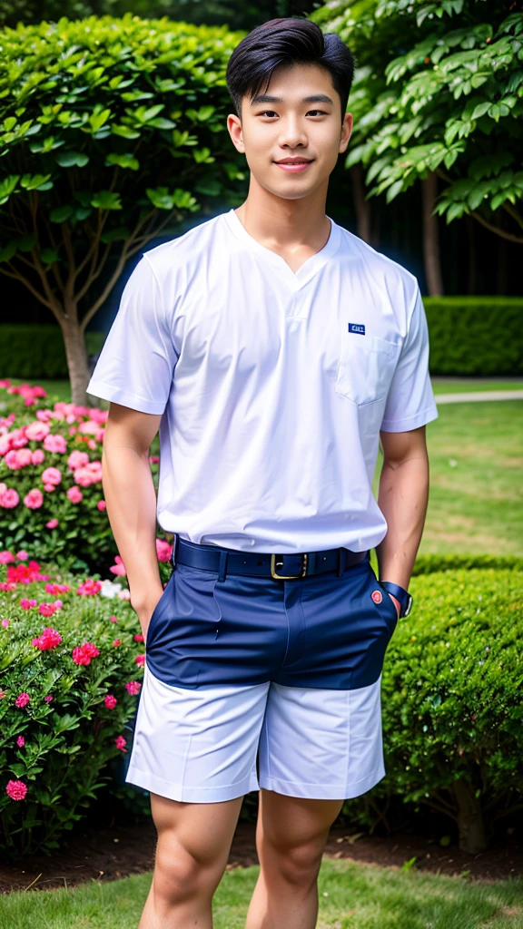 (Create a masterpiece: 1.2),(CGI art:1.3),(realistic:1.5),(After processing:1.3),(Sharp focus:1.3),10,1 man, smile, (Wear a white school shirt.), (Dark blue shorts:1.2),brown belt, Korean guy , korean men, (High gloss details), chest muscles, large arm muscles, blood vessel, Big muscles, Broad shoulders, looking at the audience, Balancing the eyes, forest, mountain, (Make eye contact)
