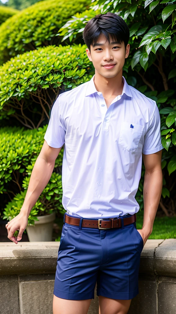 (Create a masterpiece: 1.2),(CGI art:1.3),(realistic:1.5),(After processing:1.3),(Sharp focus:1.3),10,1 man, smile, (Wear a white school shirt.), (Dark blue shorts:1.2),brown belt, Korean guy , korean men, (High gloss details), chest muscles, large arm muscles, blood vessel, Big muscles, Broad shoulders, looking at the audience, Balancing the eyes, forest, mountain, (Make eye contact)