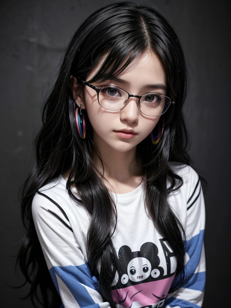 Photograph, anime style, very beautiful woman, gamer, attractive, long black curly hair, black eyes, rectangular glasses, earring, headset, rainbow shirt, otaku gamer room background