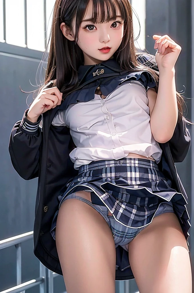 Top quality, high image, 1 woman, 18 years old, school stairs, black jacket, Medium breasts,white blouse,(plaid miniskirt), cotton panties,upskirt,from below